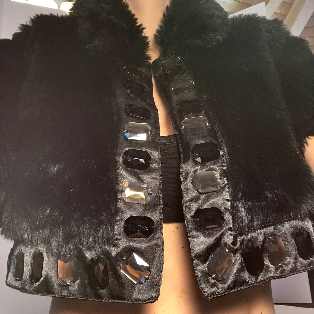 Arden B Faux Fur and gemstone cropped jacket